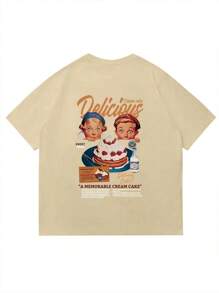 تي شيرت أكمام قصيرة بطبعة كعكة بطراز كاجوال قديم، مناسب يومي للرجل والمرأة، موسمي للربيع والصيف واللبس اليومي