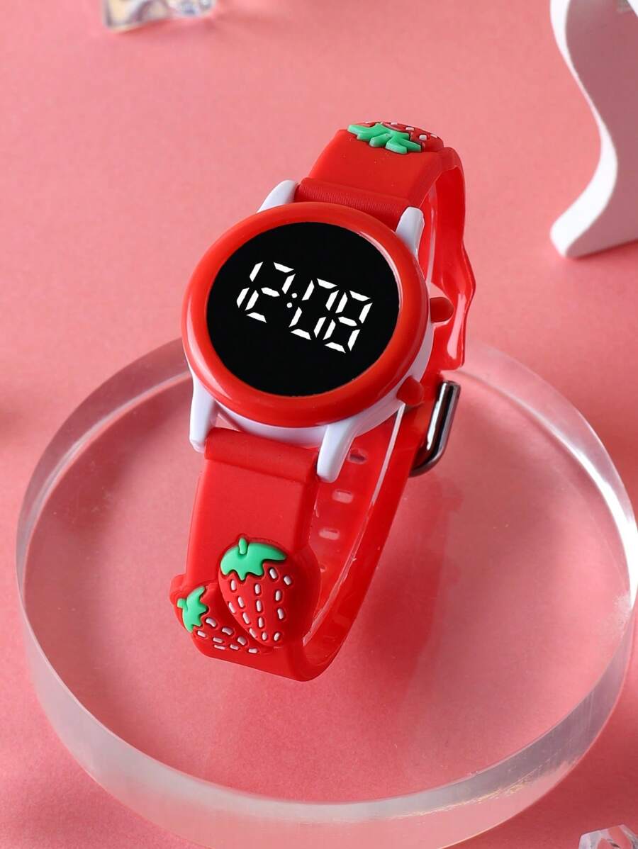 1pc Girls Strawberry Shaped LED Bracelet Watch, Cute & Suitable For Daily Wear - Red - View 1