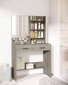 HaluPeit Tocador, Mesa de Maquillaje con Espejo Grande, tocador de Maquillaje con 4 estantes Abiertos y 2 Compartimentos, 2 cajones, para Dormitorio, salón, Blanco - Gris - Ver 3