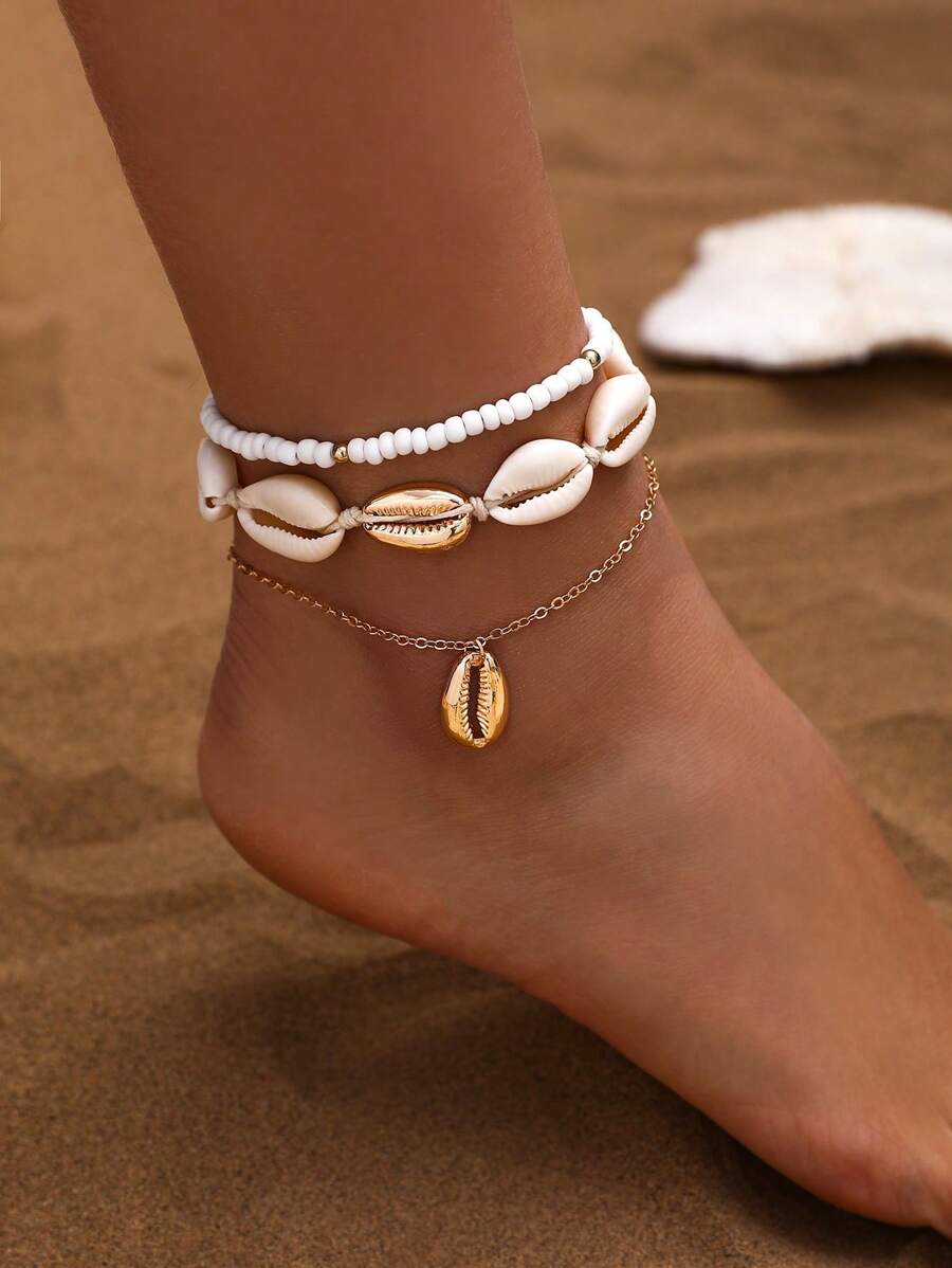 Set de 3 Tobilleras estilo bohemio con tejido de conchas, abalorios y cuentas, joyería para los pies de verano y playa para mujeres