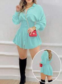Vestido de camisa de manga larga con cintura ceñida y plisado, unicolor elegante, adecuado para la oficina y el diario, primavera/verano