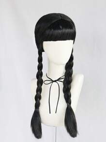 28 Inch Long Black Dual Braided Cosplay Wig With Bangs For Women Halloween Costume Anime Party, Black Double Low Braided Hairstyle Film Character Wig For Concerts Vacation Photography Themed Events Comic Con Exhibition