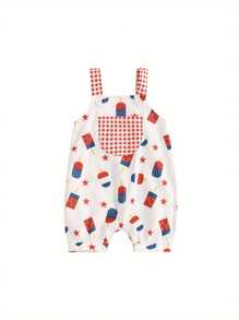 Baby Overall Shorts, Sleeveless Stars Popsicle Print 4th Of July Clothing Summer Clothes - Ivory White - View 1