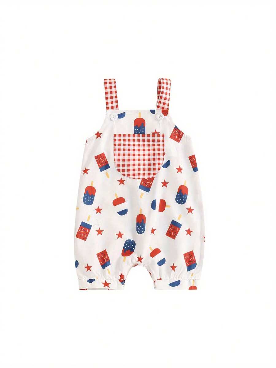 Baby Overall Shorts, Sleeveless Stars Popsicle Print 4th Of July Clothing Summer Clothes - Ivory White - View 1