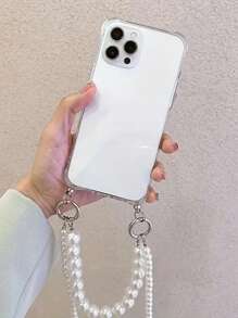 Pulseras de perlas elegantes, cadena cruzada de collar de teléfono móvil compatible con iPhone 16 15 14 13 12 11 Pro Max Plus - Carcasa trasera resistente a golpes y transparente - Para mujeres y niñas elegantes - Regalo perfecto para cumpleaños y días festivos