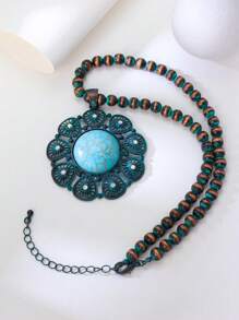 1 对西部牛仔风格夸张向日葵绿松石吊坠项链/毛衣链女士款