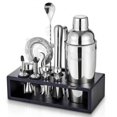 KITESSENSU 12-Piece Cocktail Shaker Set With Stand | Mixology Bartender Kit Bar Set With Essential Bar Accessories For Home Bar: Martini Shaker, Jigger, Muddler, Bar Spoon | Drink Mixer Cocktail Kit