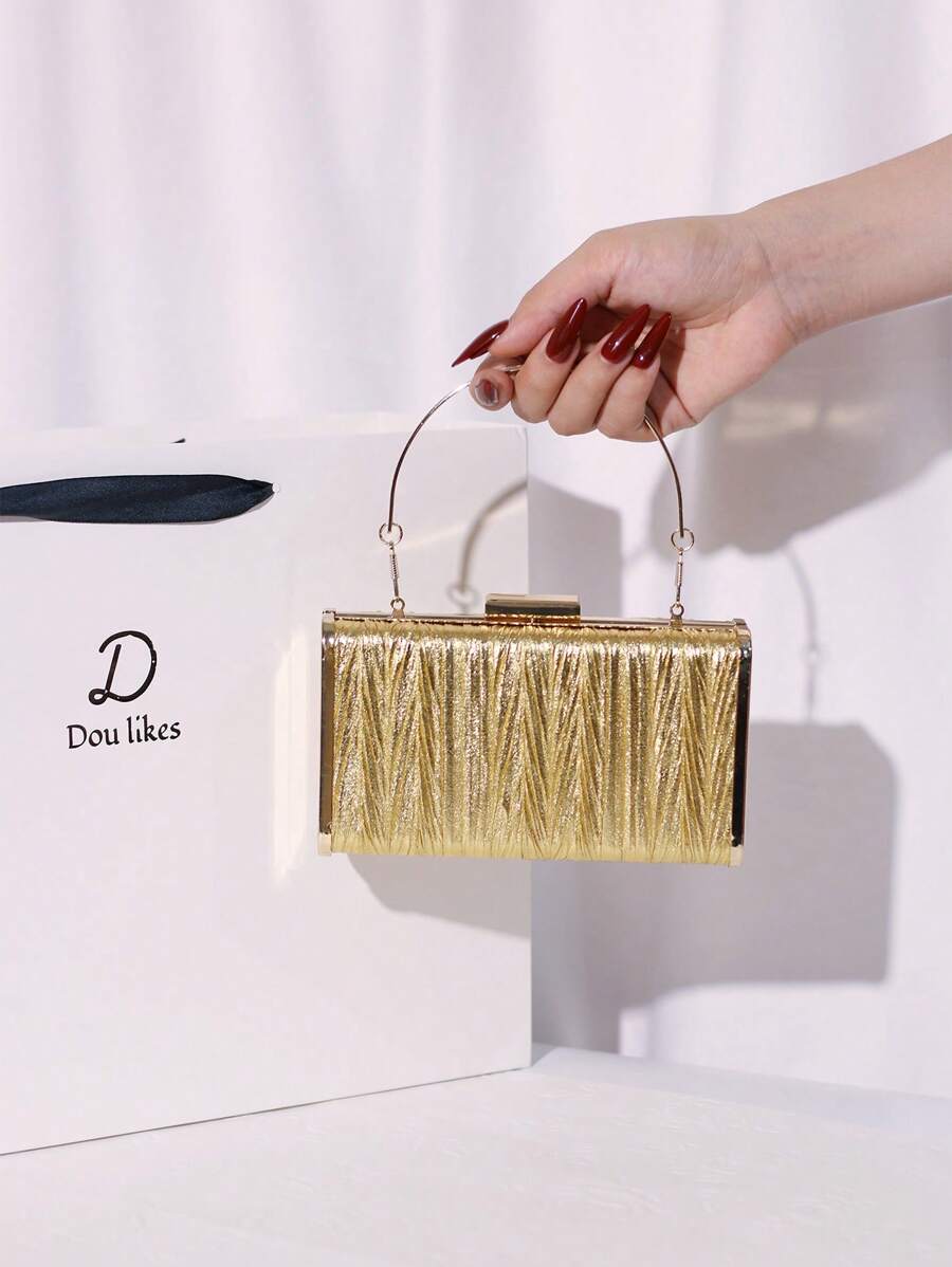 Elegant Metallic Striped Ruched Faux Leather Clutch Bag - Women's Chain Shoulder Handbag, Perfect Choice For Weddings, Parties, Galas And Formal Events