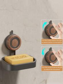 1 Pc Creative Light Luxury Free Punching Sucker Wall Hanging Removable Stainless Steel Wood Grain Bathroom Soap Box, Hollow Drain, Load-Bearing Capacity, Convenient Bathroom Use, Easy To Take, Single And Double Optional, Double Layer Send A Sponge Brush