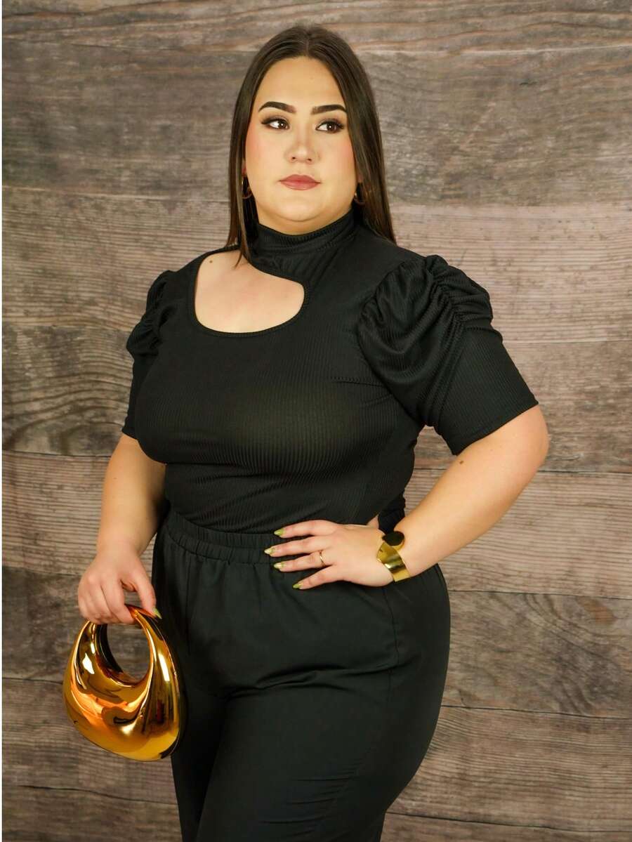 Plus Cut Out Mock Neck Puff Sleeve Blouse - Black - View 1