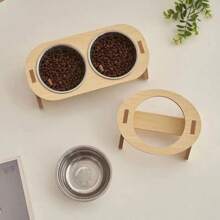Cat Double Bowl Becoming Cat And Child Bowl Anti Overturning Cat Food Bowl Stainless Steel Pet Bowl Wooden Stand Small And Mediu