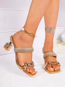 Women's High Heel Square Toe Rhinestone Decorated Sandals With Metal Chain, Fashion Dress Sandals With Unique Heel Shape