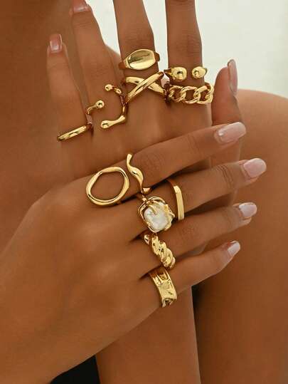 12 件可调节女士不对称几何独特设计戒指套装，适合任何场合，绝佳礼物选择