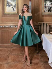 Faeriesty Vestido de malla y satén midi con adornos de perlas falsas para fiestas y eventos de cóctel, elegante atuendo formal de noche, vestido de invitada de boda