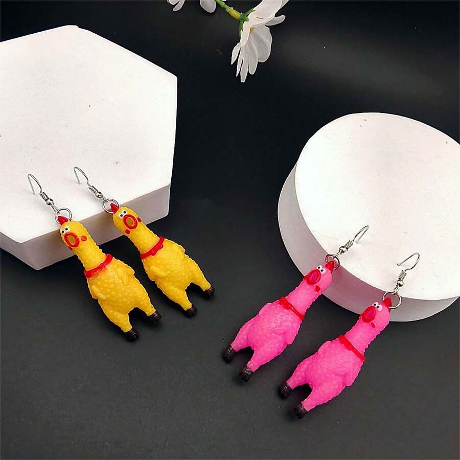 1 Pair Funny & Creative Mini Scream Chicken Dangle Earrings, Suitable For Men And Women Everyday Wear And Festivals