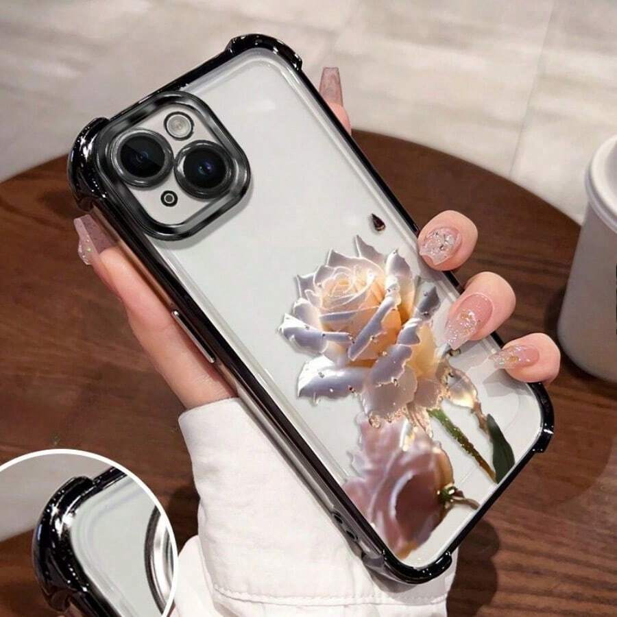 适用于 iPhone 16/15/14/13/12/11 Pro Max 的水晶玫瑰手机壳，美观且具有镀层四角防摔设计。它由 TPU 材料制成，可作为保护壳。适合家人、朋友、孩子、生日、春季、假日、男朋友、女朋友、情人节的礼物适合家人、朋友、孩子、生日、春季、假日、复活节的礼物 - 黑色 - 查看 1