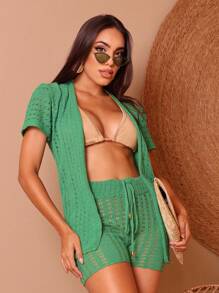 Knitted Beach Cover-Up Set Bathing Suit Women's Fashion - Hijau - View 6