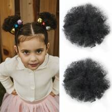 儿童发髻一对（20g）松紧带设计卷曲小卷发黑色假发适合各种场合 - 黑色 - 查看 2