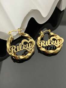 1 Pair Of DIY Custom Double-Layer Welded Name Letter Earrings, Men's And Women's Large Heart-Shaped Earring Pendants, Thick Earrings, Customizable Name Simple Daily Style, Keychain, Products Include Gift Boxes, Valentine's Day Gifts, Birthday Gifts, Mother's Day Gifts, Daily Gifts - Gold - View 2
