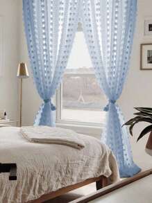 1pc Vertical Yarn Ball Semi-Sheer Curtain, Linen Texture, Suitable For Bedroom, Living Room, Balcony, Dressing Room - Blue - View 5