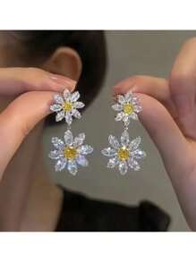 1 对优雅精致向日葵吊坠耳环甜美风格两款小菊花套装镶嵌闪亮锆石耳环男女皆宜