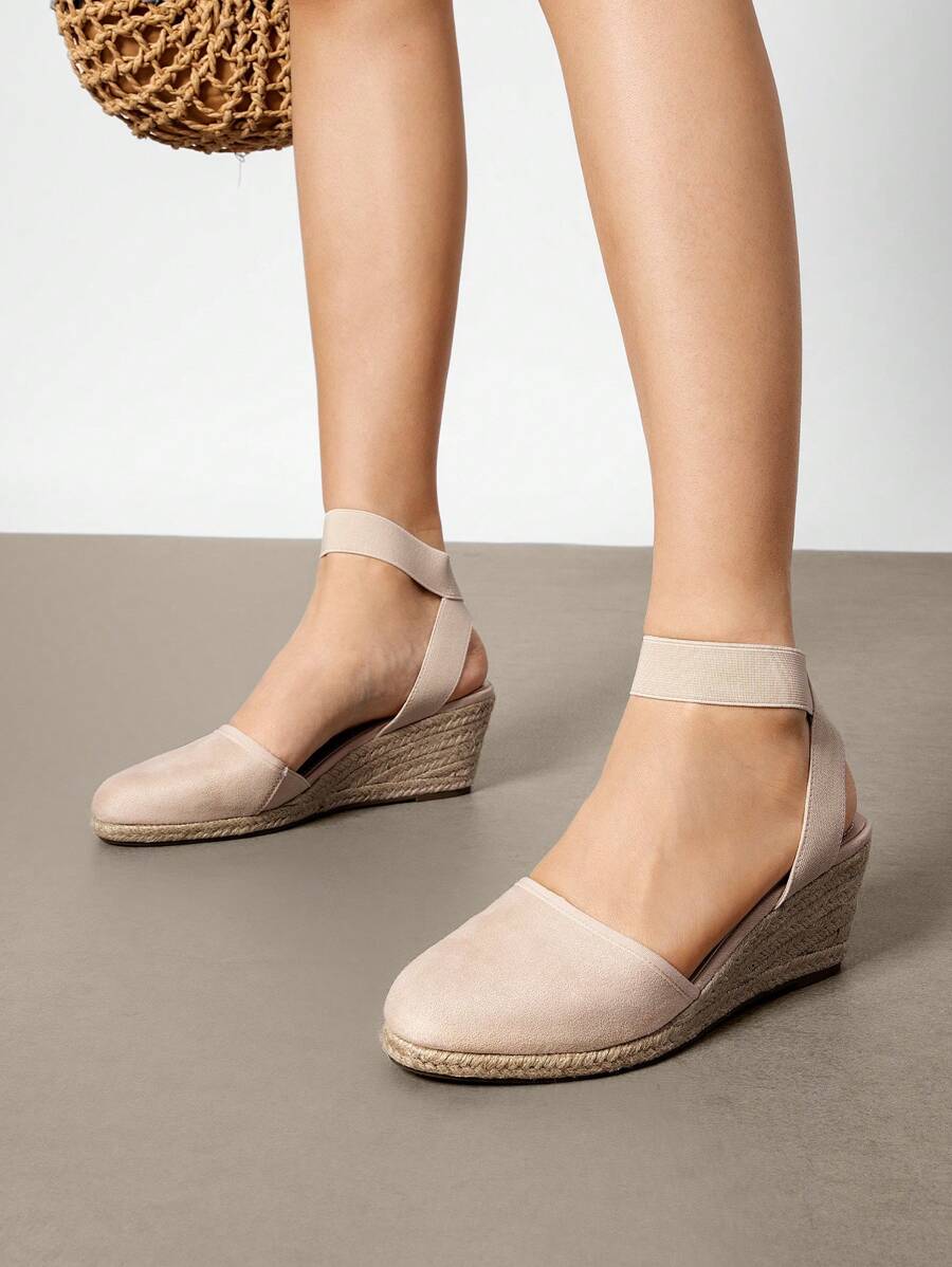 Women's Closed Toe Elastic Ankle Strap Espadrilles Vacation Outing Comfortable Commuting And Shopping Wedge Sandals Summer Shoes - 杏色 - 查看 1