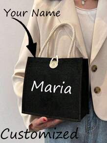 1 pieza Bolso de mano de lino con flor, bolso de tela personalizado con logotipo, bolso de mano de gran capacidad y sencillo, bolso de mano casual y portátil, bolso de compras multifuncional, bolsa de regalo personalizada, adecuado para bodas, cumpleaños, playas, festivales, regalos perfectos para mujeres, maestros, amigos, damas de honor, bolsos grandes, estudiantes y vuelta al colegio, los mejores regalos para maestros para el Día del Maestro - Multicolor - Ver 1