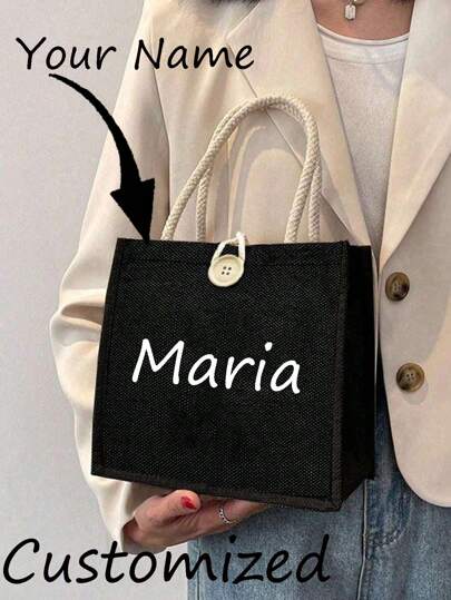 1pc Linen Flower Handbag,Custom Name Logo Tote Bag,Simple Large Capacity Handbag, Portable Casual Storage Handbag, Multifunctional Shopping Bag, Personalized Gift Bag, Suitable For Weddings, Birthdays, Beaches, Festivals, Perfect Gifts For Women, Teachers, Friends, Bridesmaids, Big Bags, Students And Back To School, Best Teacher Gifts Forever For Teachers Day