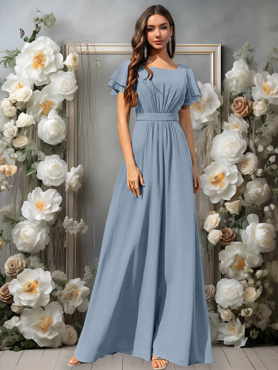 Volly Toych 优雅的浅蓝色伴娘礼服，飘逸的雪纺长裙，荷叶边短袖和垂褶圆领设计，适合度假或特殊场合，风格端庄得体。 - 霧霾藍 - 查看 1