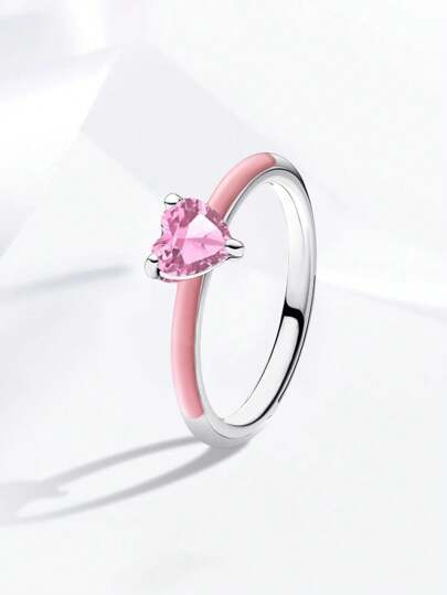 1pc 925 Sterling Silver Unique Retro Pink Heart Enamel Ring For Fine Ladies Jewelry Gift Women's Fashion Accessories