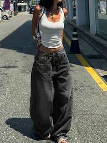 Vintage Washed Black Straight Leg Jeans For Women, US Design Loose Casual Wide Leg Floor Length Pants