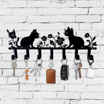 CIF BUY 1 Pc Cute Cat And Flower Keychain, Metal Wall-Mounted Hook, Fashionable Lacquered Finish, Easy To Install, Decorative Key Holder, Suitable For Living Room, Bathroom, Cloakroom Storage Solutions.Suitable For Modern Home Decor, Home Decoration, Room Decor, Bedroom Decor, Bathroom Decor