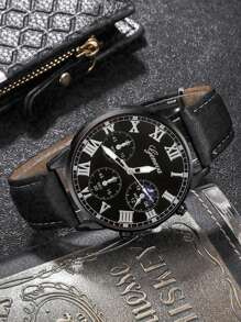 5pcs Men's Fashion Quartz Watch Set - Vintage Style Leaf Beaded Handmade Braided Bracelet, PU Leather Watch With Precise Analog Display, Comfortable, Ideal Gift For Him, Suitable For Casual & Sports