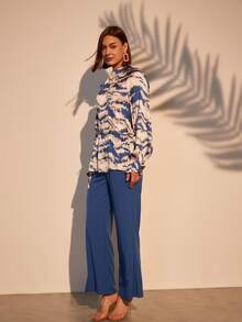Plisse Top Matching Set Women Floral Print Top & Pants 2 Pieces Sets - Royal Blue - View 5