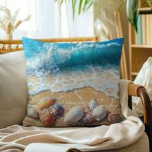 1 pieza Funda de almohada decorativa con diseño de conchas marinas de verano y playa, impresión unilateral en tela suave de melocotón, tamaño 45*45CM, adecuada para decoración interior, fiestas y regalos