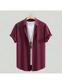 Classic Design Shirt, Men's Casual Short Sleeve Button Down Shirt For Business Casual Events - 酒紅色 - 查看 2