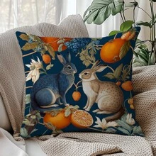 1pc Vintage Morris Style Rabbit Print Pillow Case, Single-Sided Peach Velvet Fabric, 45*45CM/18*18inch Cushion Cover, Suitable For Modern Minimalist Sofa, Living Room Decor, Gift