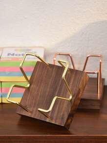 1/2pcs Desktop Self-Adhesive Memo Paper Organizer Holder With Business Card Rack, Black Walnut Simple Hollow Metal Memo Pad Holder