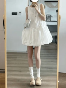 Spring Summer Casual Vest Dress For Women Back To School Autumn Clothes Korean Style Elegant Chic Solid Color Sleeveless O-Neck Vintage Homecoming Short Dresses Kawaii Party Graduation White Black Clothes White Dress New Year Christmas