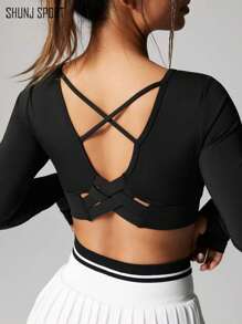 Tricou cu mânecă lungă pentru yoga, cu spate frumos, pentru slăbire, pentru damă