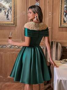 Faeriesty Vestido de malla y satén midi con adornos de perlas falsas para fiestas y eventos de cóctel, elegante atuendo formal de noche, vestido de invitada de boda