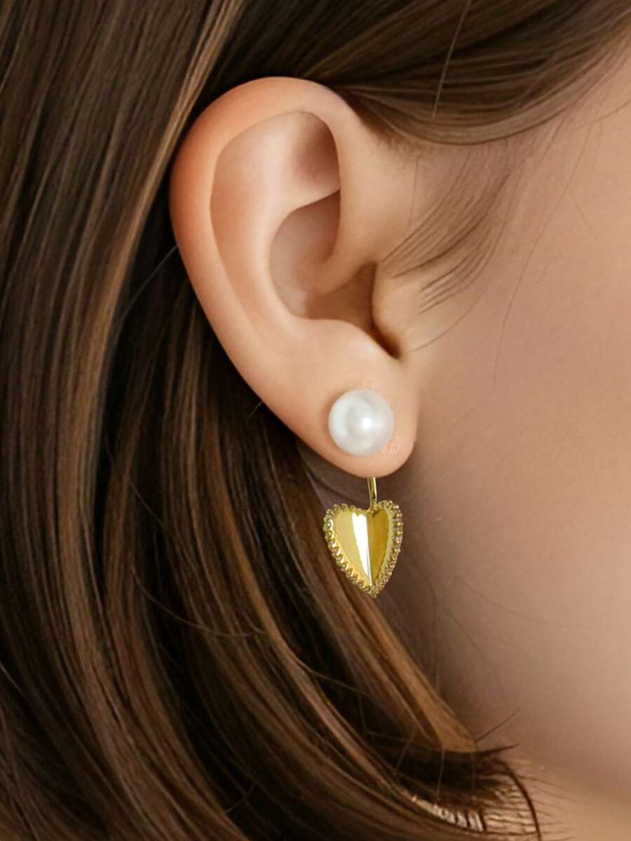1 Pair Fashionable Simple Design Rhinestone & Pearl Heart Shaped Adjustable 925 Sterling Silver Stud Earrings For Daily Wear