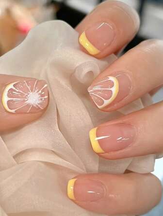 Summer New 24Pcs Square Shaped Nail Set With Gems, Lemon Print, Incl. 1 Nail File & 1 Jelly Gel - Suitable For Women & Girls, Fresh French Lemon Style Press On Nails Nail Supplies Nails