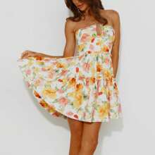 Women Summer Casual Mini Dress Floral Sleeveless Halter Neck Party Short Dress For Cocktail Beach Club Streetwear - 黃色 - 查看 1