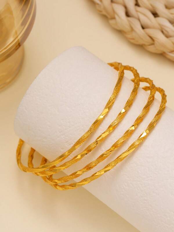 4Pcs Retro 24K Gold Plated Twisted Copper Bangles For Women, Suitable For Festivals, Gifts, Parties, Daily Wear