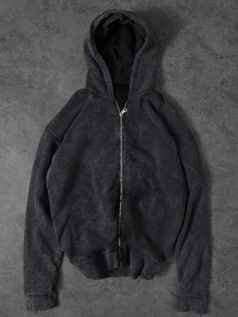 Shwiy Herrtröja med sliten effekt i streetstyle, tvättad huvtröja, dragkedja framtill, långärmad, mörk färg