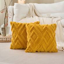 2 pièces Housses de coussin décoratif en fausse laine pour Noël, doux, peluche, court, en polaire, motif carré, taies d'oreiller unies pour canapé, lit, salon