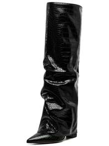 Shark Boots Women's Knee High Boots Fold Over Boots Slouchy Chunky High Heels Shoes Wide Calf Pointed Toe Shoes - 黑色石頭紋 - 查看 11