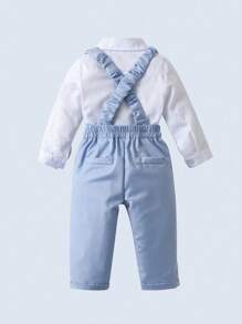 BOARNSEORL 两件套男童绅士套装 - 白色衬衫配领结和浅蓝色背带裤，时尚有型，适合生日派对、婚礼、宴会等场合。 - 淺藍色 - 查看 3