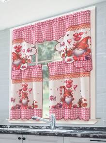 1 JUEGO (3 piezas/Juego) Cortinas con diseño de corazones rosas impresos digitalmente hechas de fibra de acetato y hilo de bambú, adecuadas para la cocina, sala de estar, dormitorio y otras decoraciones del hogar